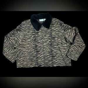 Vintage Kathy Lee Zebra Pattern Jacket with Black Faux Fur Collar